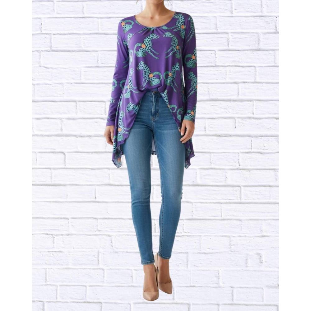 NEW DIVA USA sibella pleated front long sleeve blouse in purple cheetah
